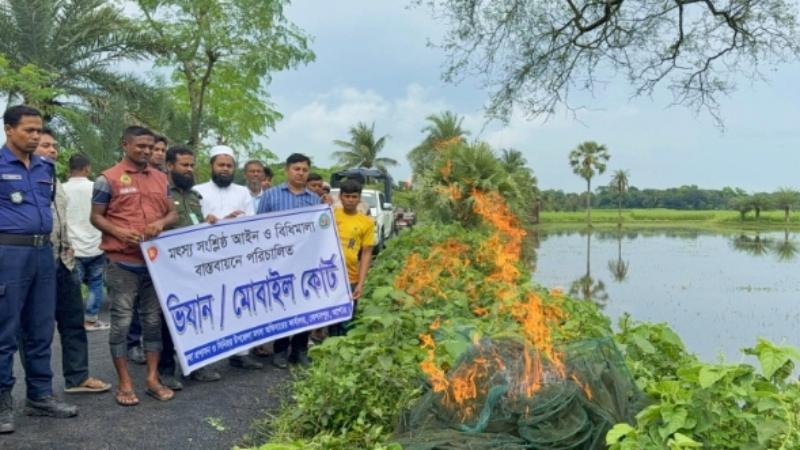 যশোরে বিপুল পরিমাণ অবৈধ চায়না দুয়ারী জাল ধ্বংস করেছে প্রশাসন